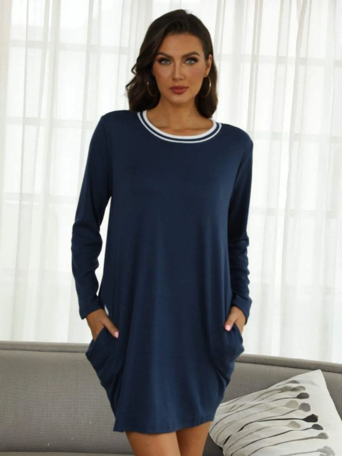 Contrast Round Neck Long Sleeve Lounge Dress Sleep Dresses - Tophatter Daily Deals
